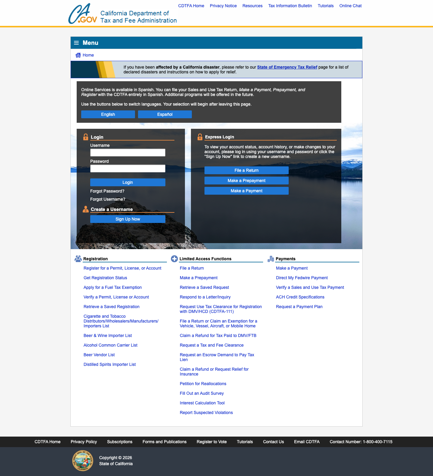 CDTFA Online Services portal homepage showing the main navigation menu with login options and service links.