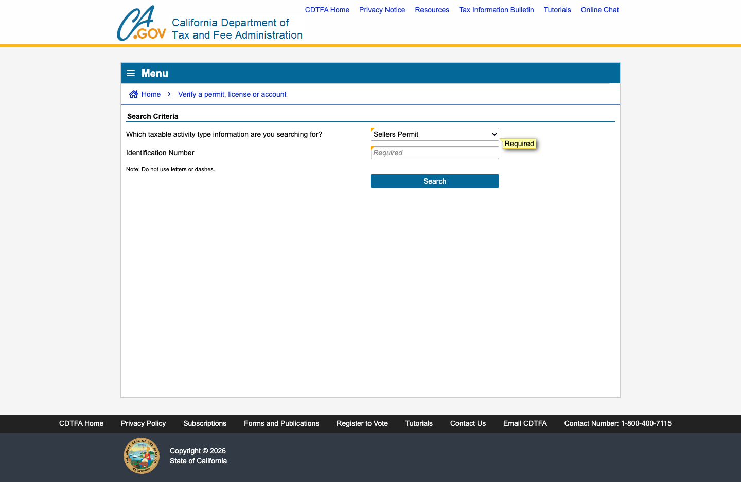 CDTFA verification form with the taxable activity dropdown showing 'Sellers Permit' selected.