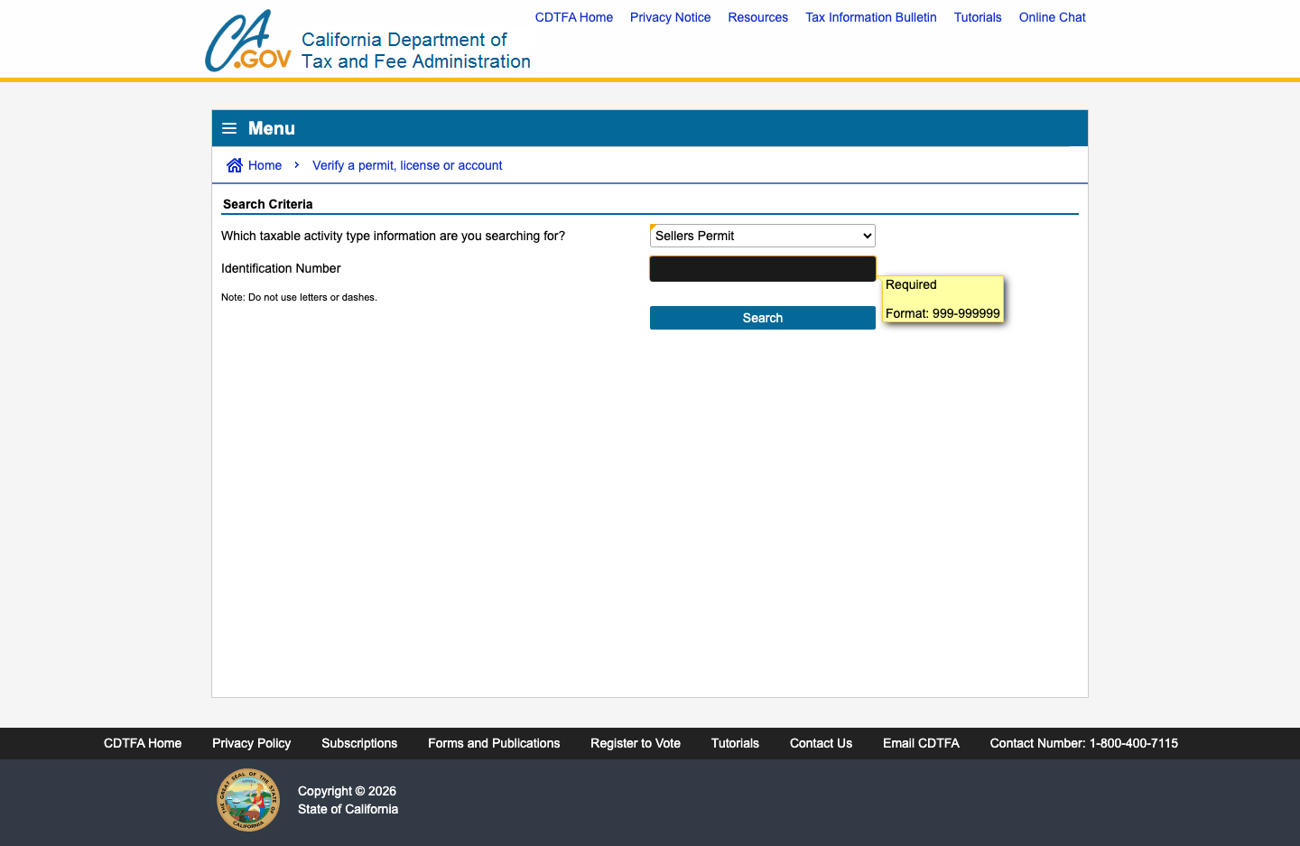 CDTFA verification form with the Identification Number field filled in (redacted for privacy).