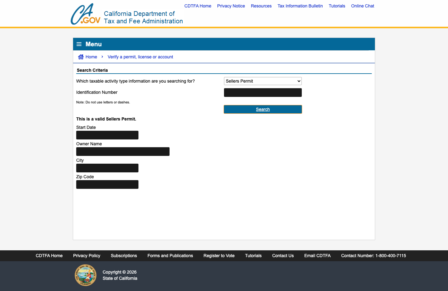 CDTFA verification results page showing 'This is a valid Sellers Permit.' with all data fields redacted for privacy.