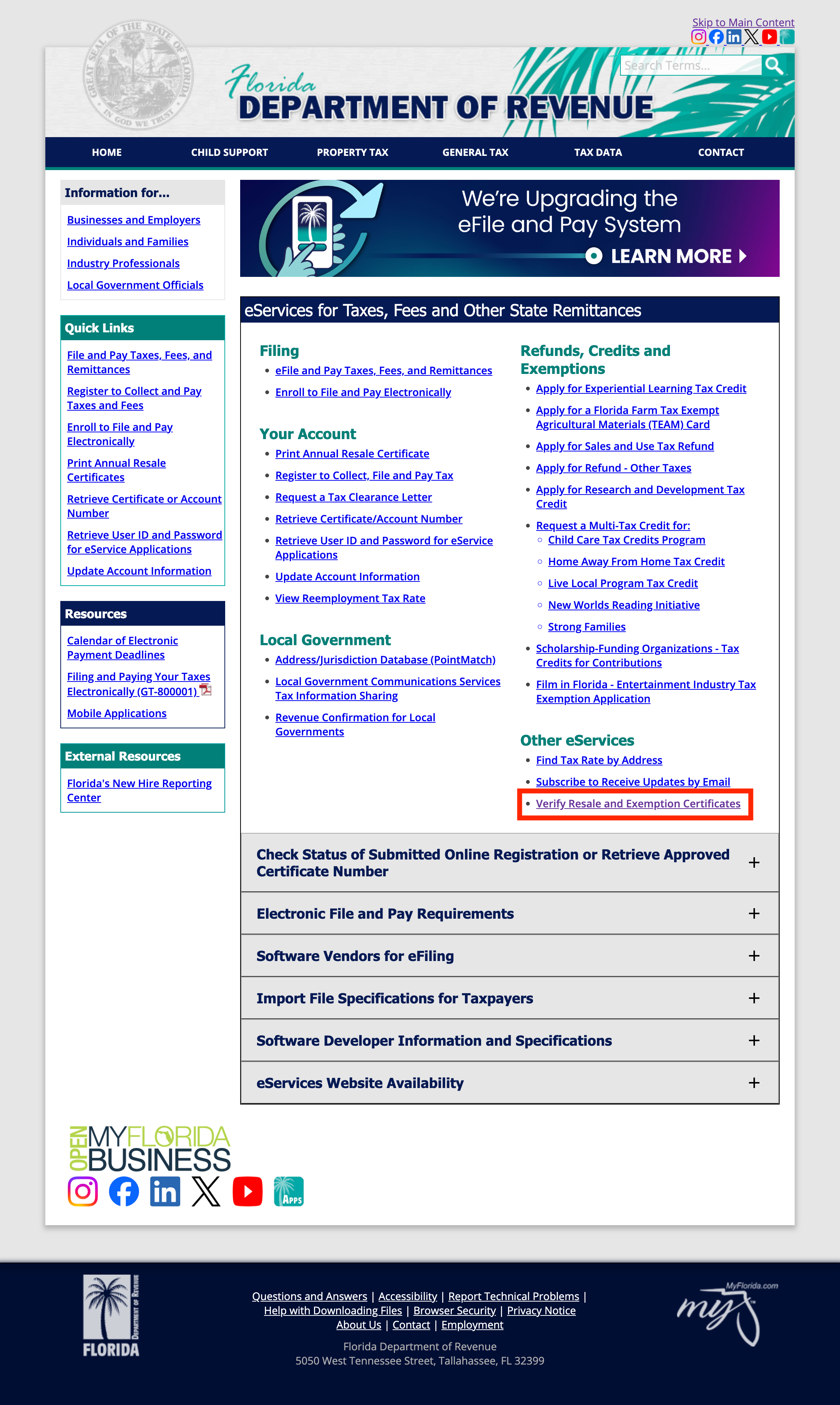 Florida Department of Revenue eServices portal landing page