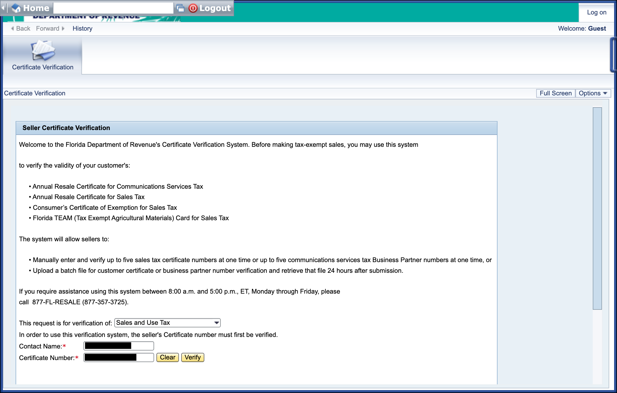Florida Certificate Verification System initial contact form