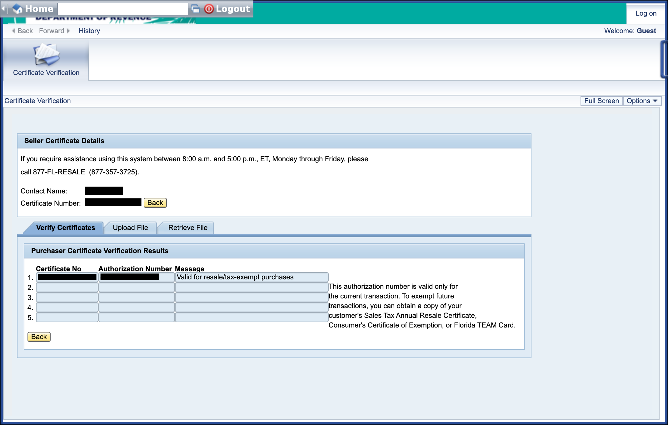 Verification results showing the status of the Florida Annual Resale Certificate