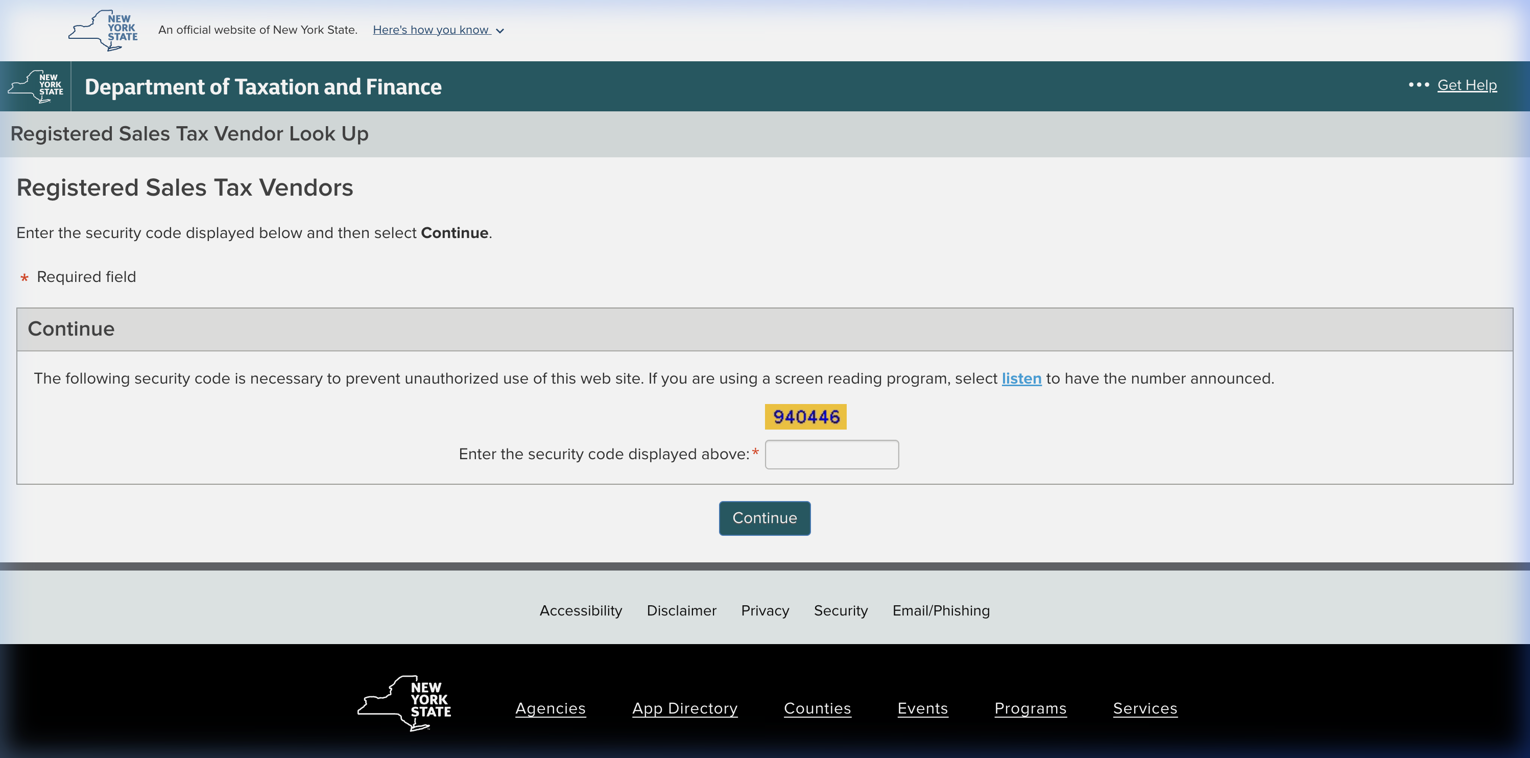 The New York Registered Sales Tax Vendor Look Up landing page showing the CAPTCHA challenge.