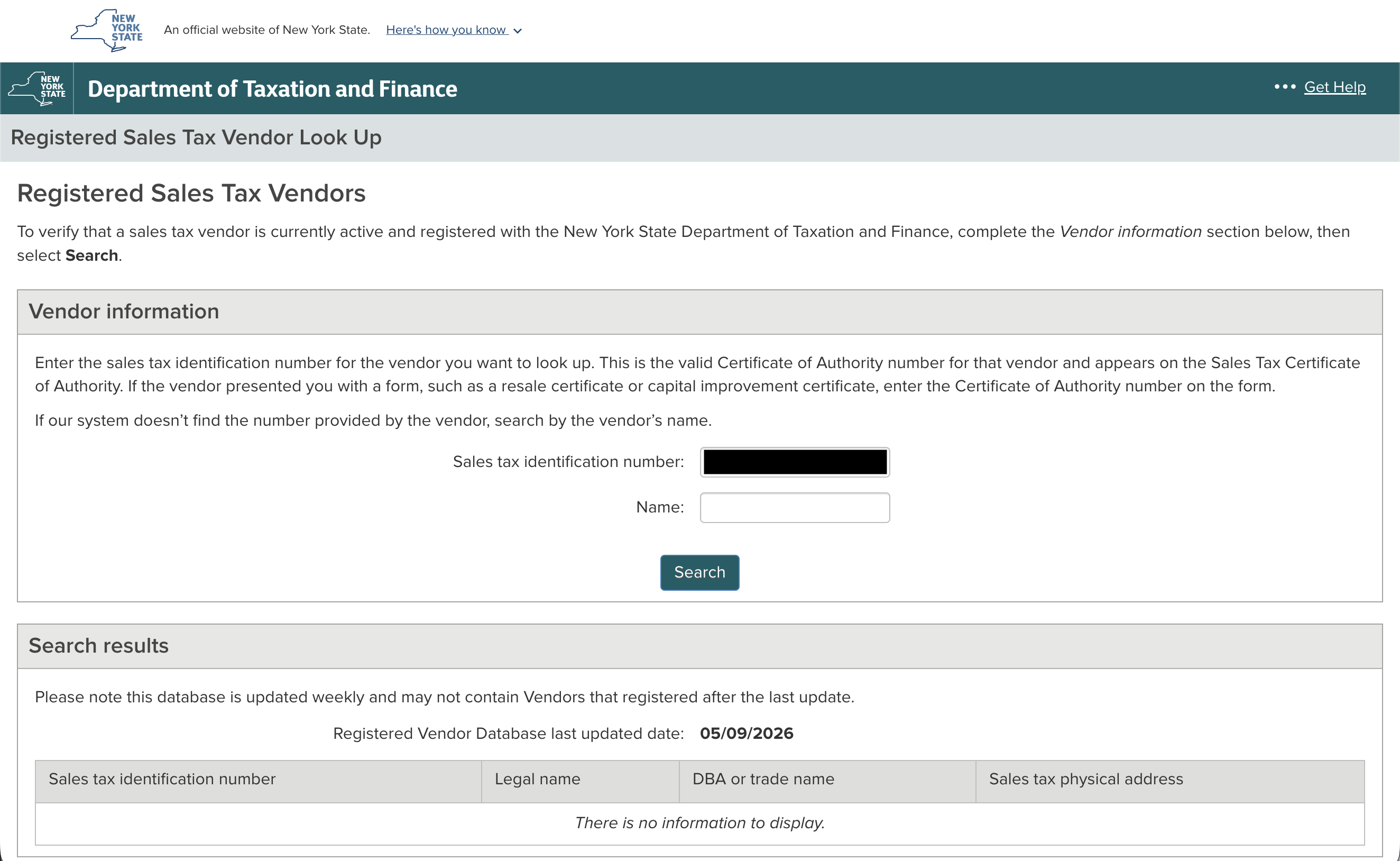 Sales tax identification number field being populated with a valid 9-digit New York permit number.