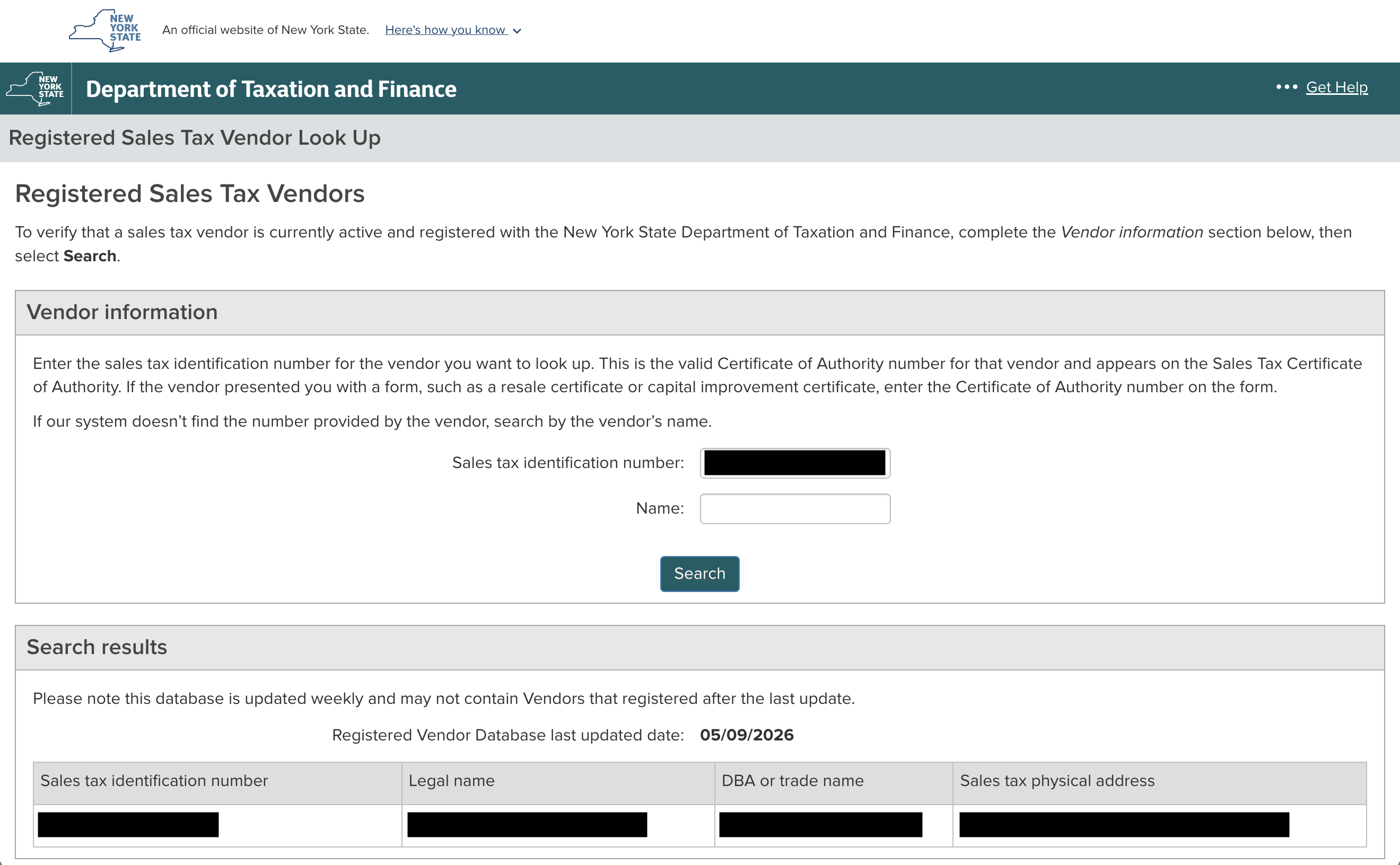 The search results page showing the legal name and physical address for the queried taxpayer.