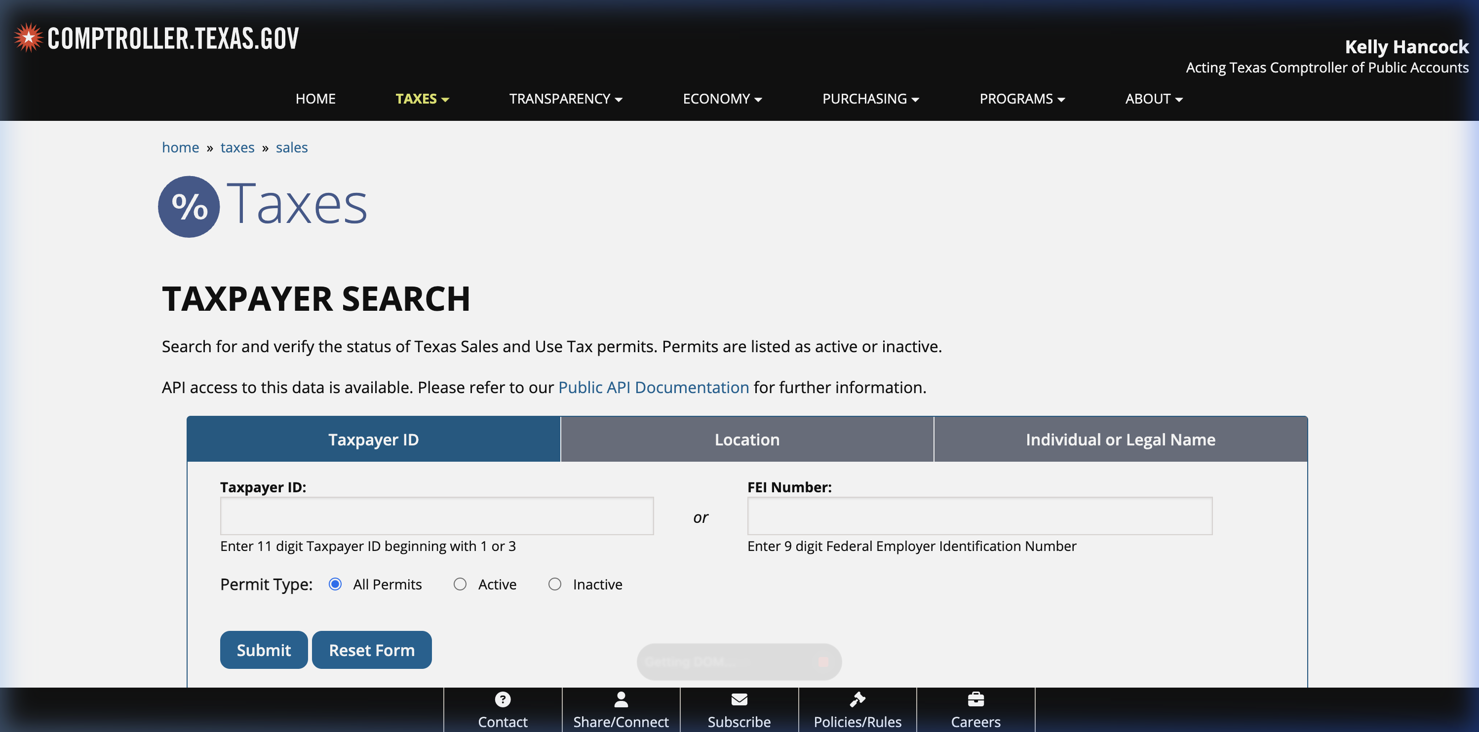 The Texas Comptroller Taxpayer Search landing page showing the Taxpayer ID search tab.