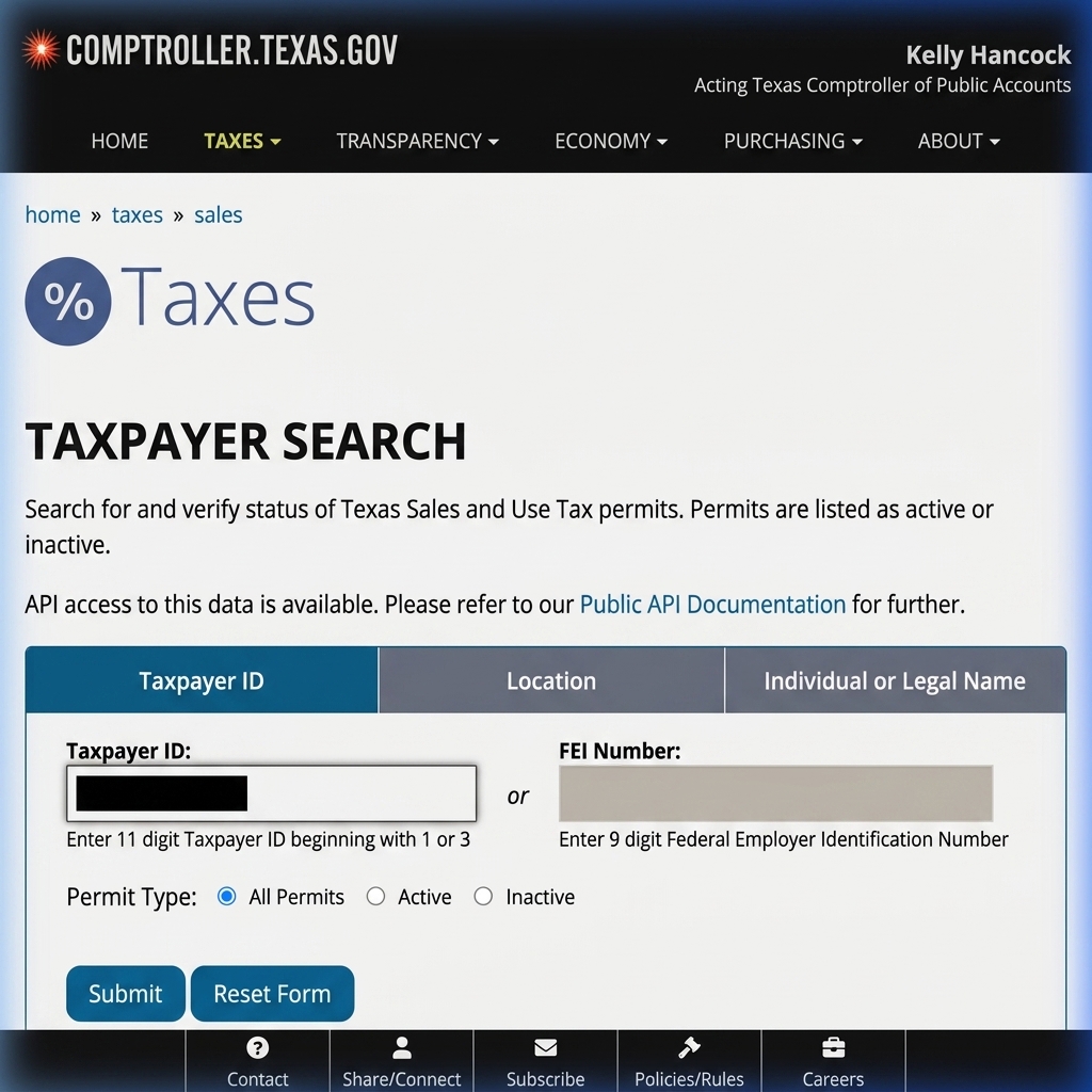 Taxpayer ID field being populated with a valid 11-digit Texas permit number.