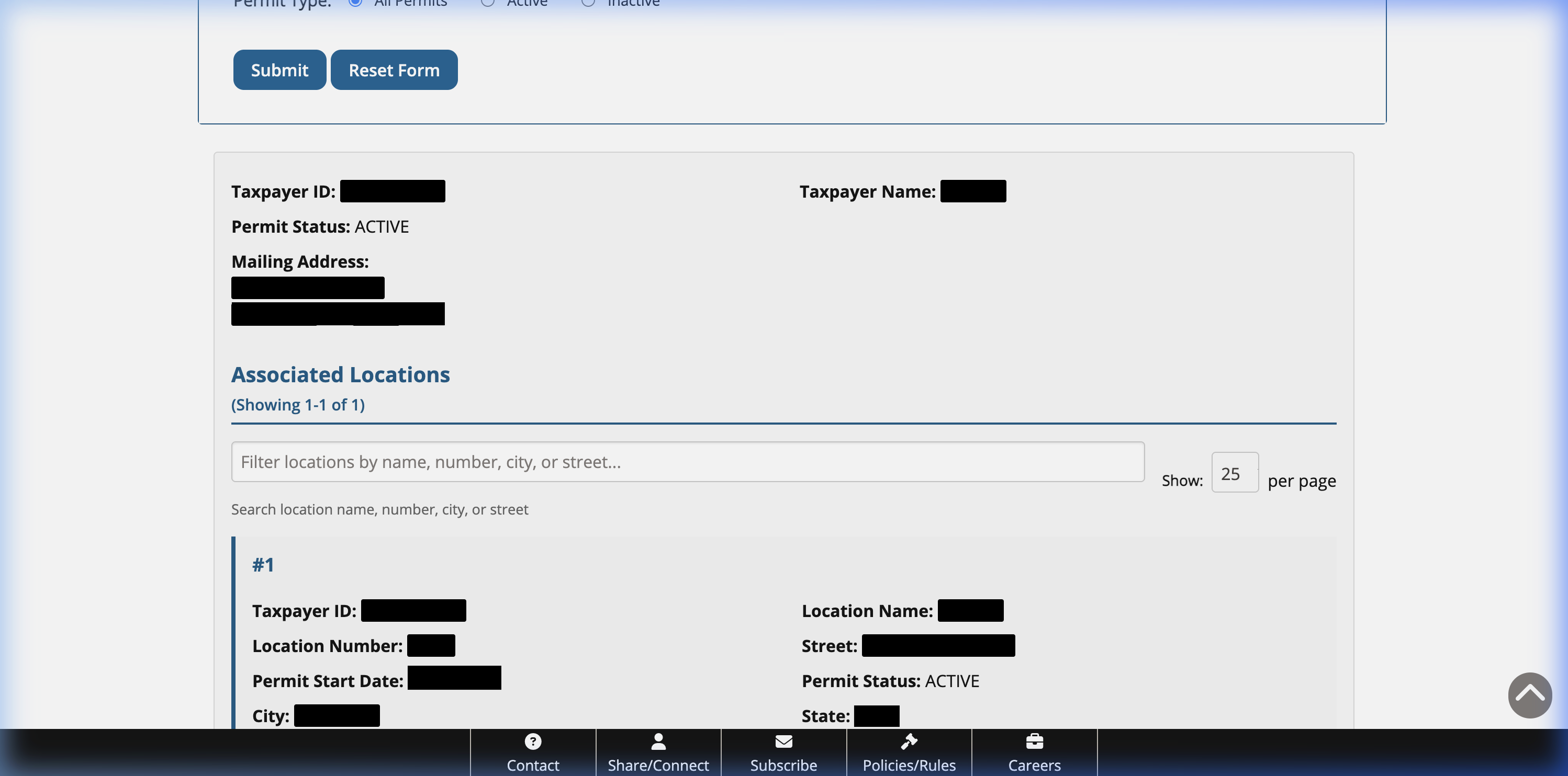 The search results page showing 'Permit Status: ACTIVE' for the queried taxpayer.
